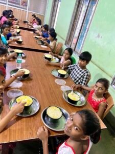 Promise kept! It was biryani for lunch for the kids at Bikramgarh on Sunday