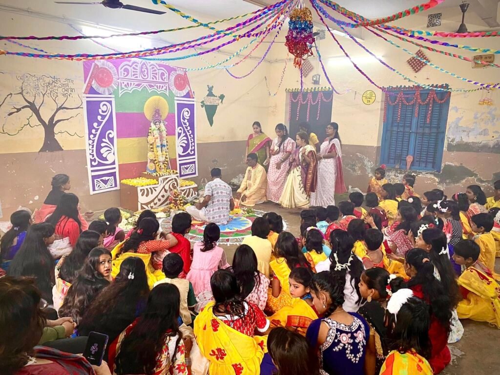 Celebrating Saraswati Puja at Bikramgarh School